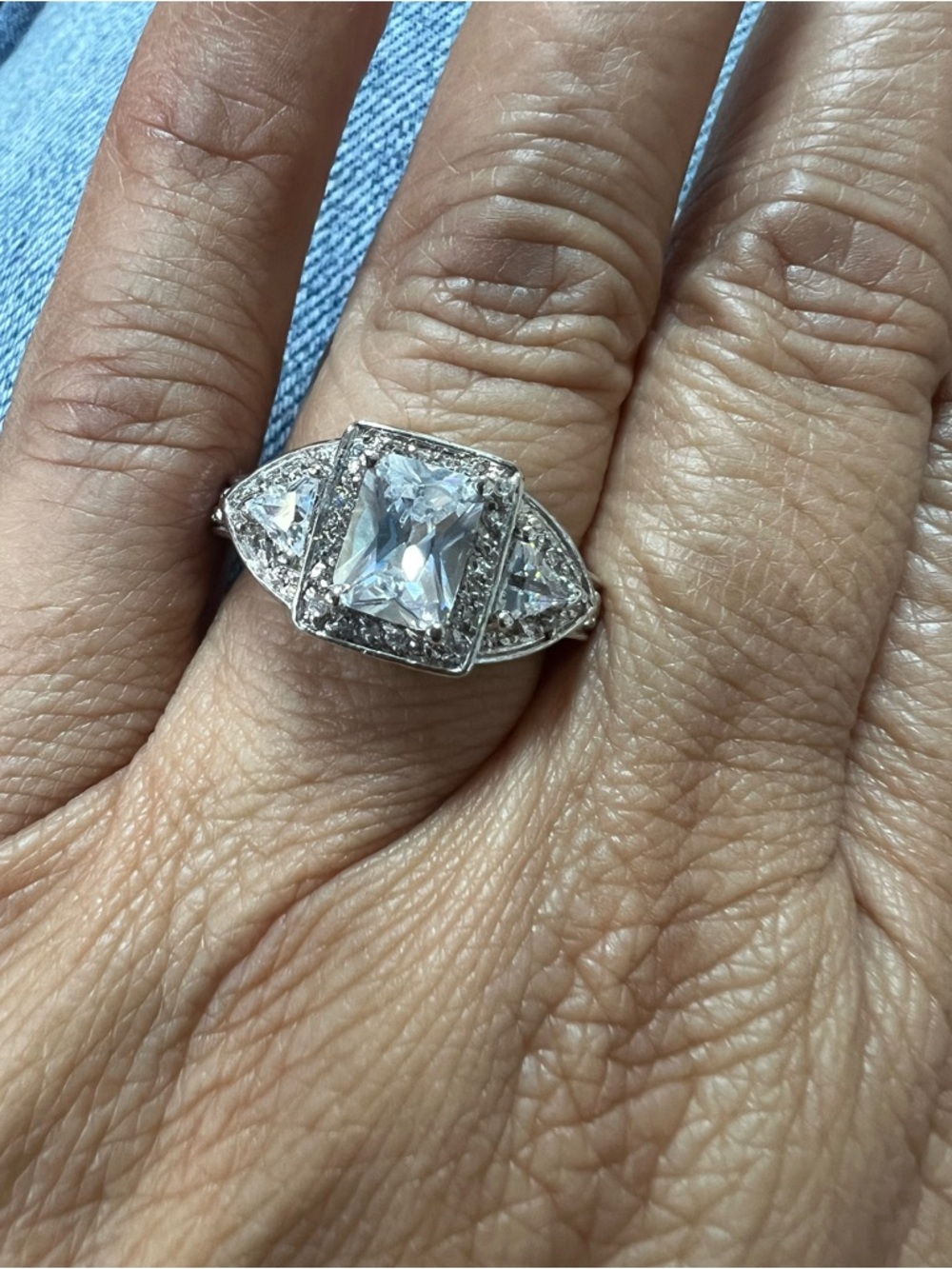 Silver Tone Princess Cut CZ Halo Ring with Trillion Accents Size 7.75 #7752